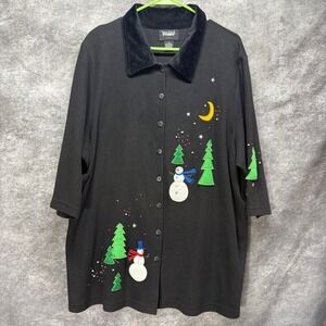 Designers Originals Studio Christmas Cardigan Womens 2X Black Snowman 3/4 Sleeve